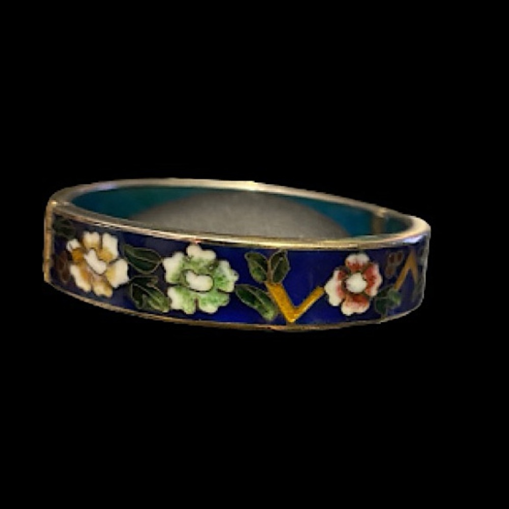 Vintage Chinese Cloisonne Enamel on Brass Hinged Bangle Bracelet 7 Inches